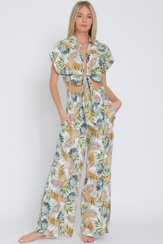 Tie Front Waisted Shirt Top & Long Pants Set