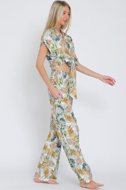 Tie Front Waisted Shirt Top & Long Pants Set