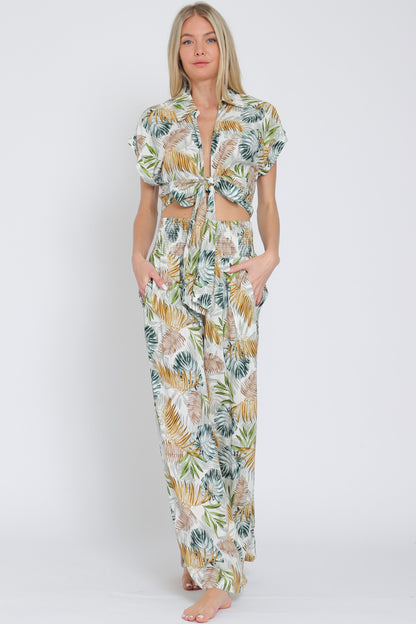 Tie Front Waisted Shirt Top & Long Pants Set