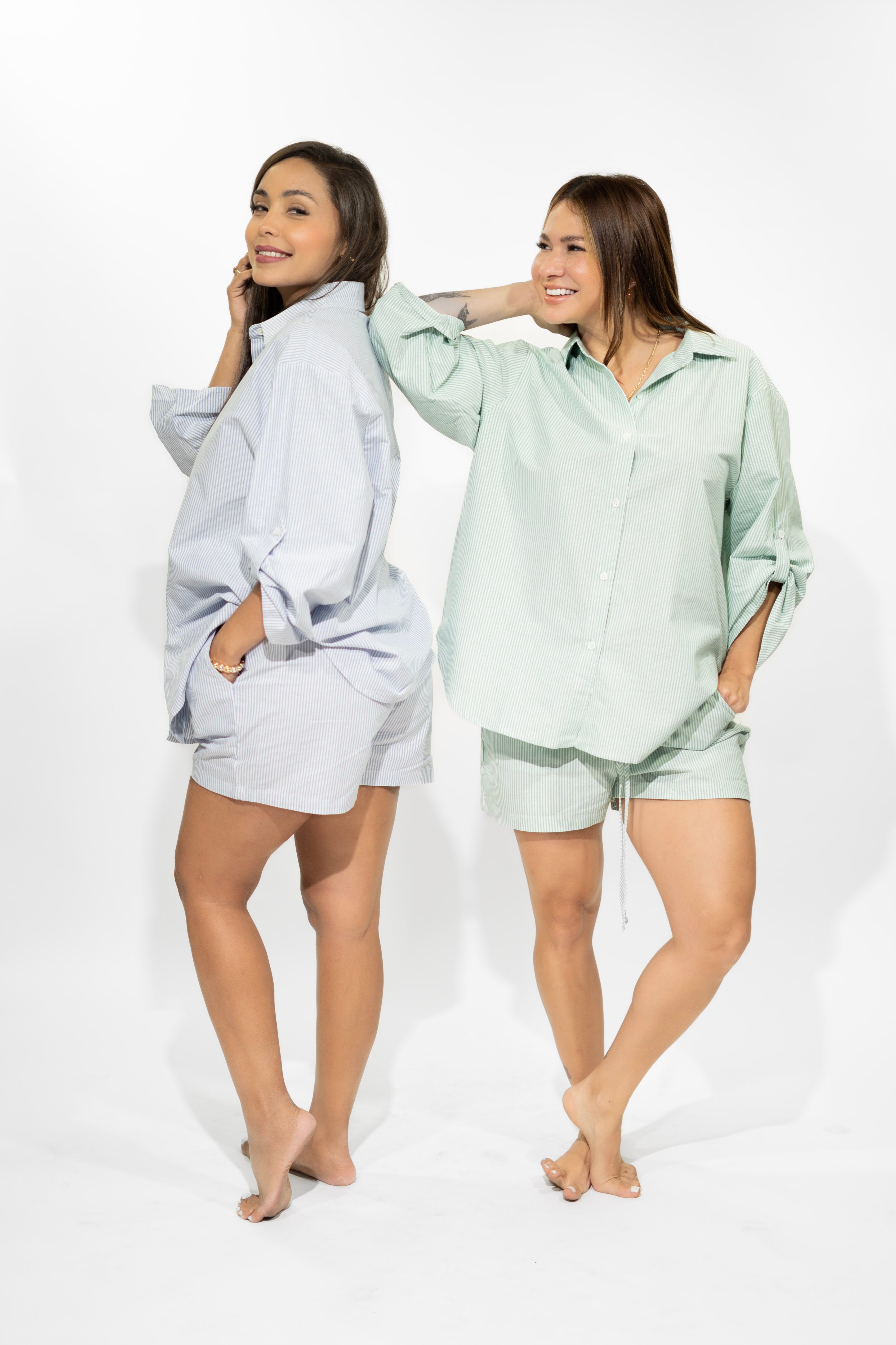 Blue Rolled-Sleeve Shirt & Shorts Set