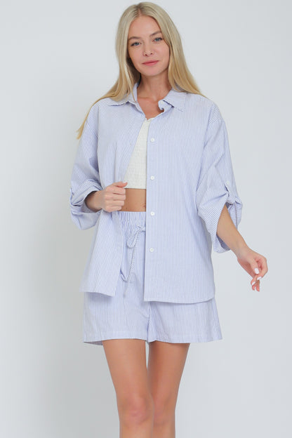 Roll Up Sleeve Shirt & Elastic Waisted Shorts Set
