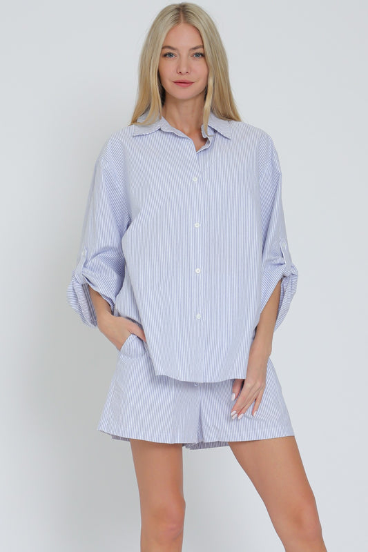 Roll Up Sleeve Shirt & Elastic Waisted Shorts Set