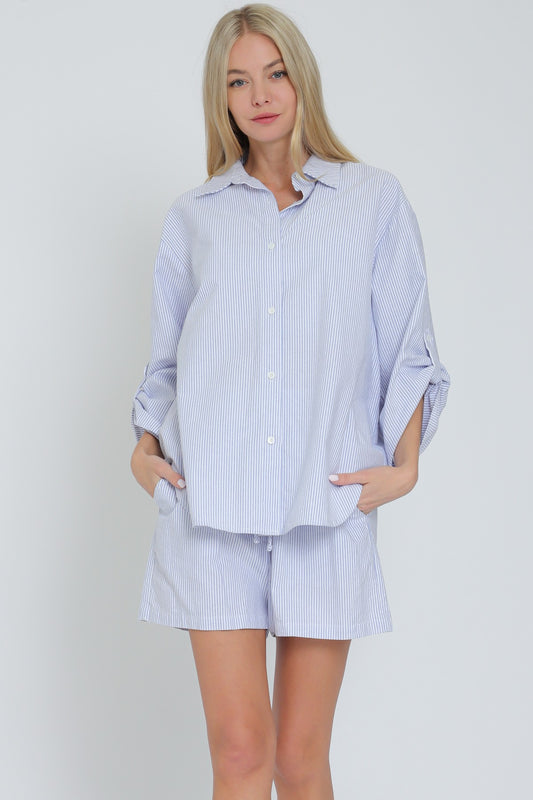 Roll Up Sleeve Shirt & Elastic Waisted Shorts Set