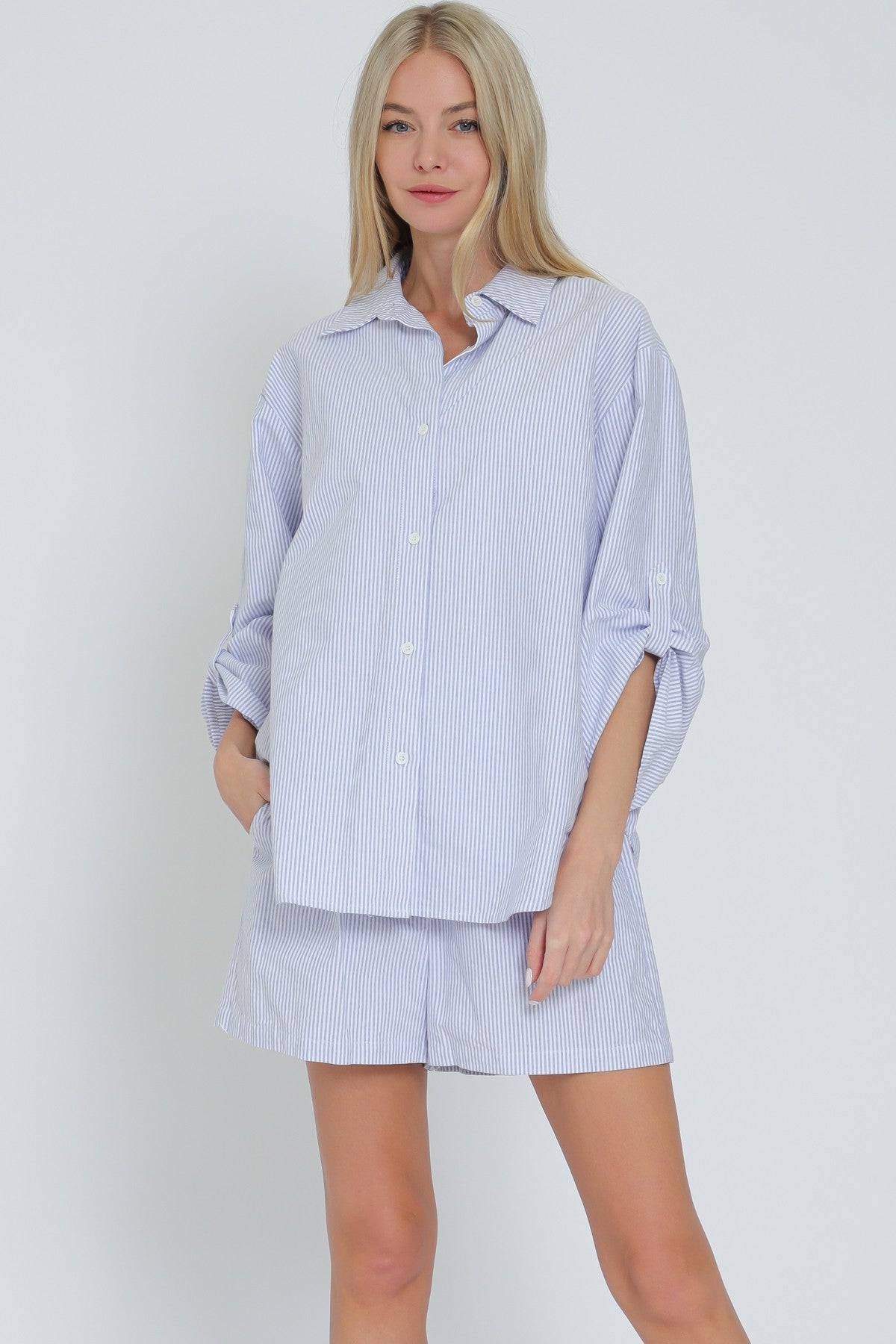 Roll Up Sleeve Shirt & Elastic Waisted Shorts Set