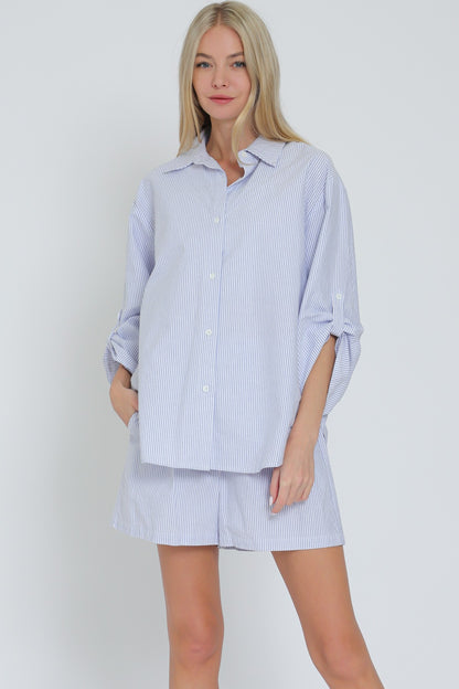 Roll Up Sleeve Shirt & Elastic Waisted Shorts Set