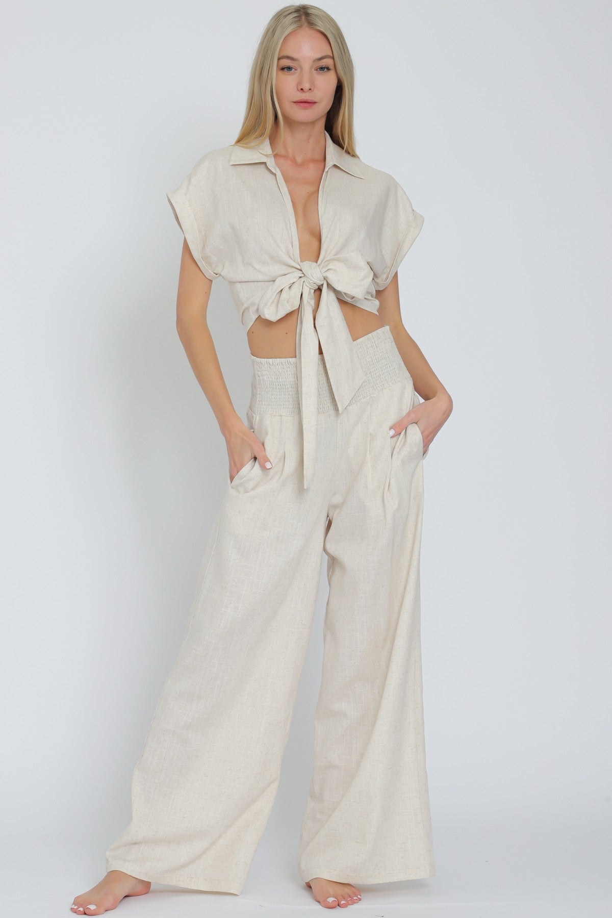 Tie Front Waisted Top&elastic Waistband Pants Set