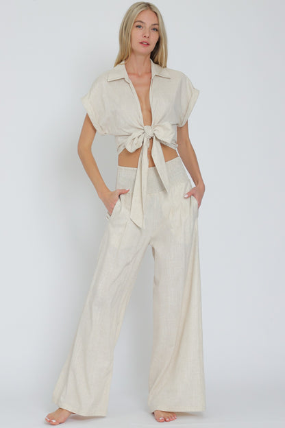 Tie Front Waisted Top&elastic Waistband Pants Set