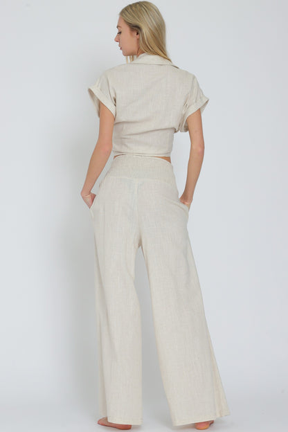 Tie Front Waisted Top&elastic Waistband Pants Set