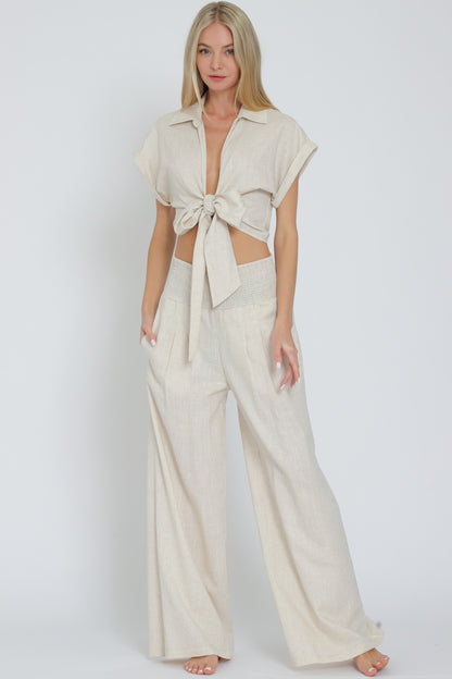 Tie Front Waisted Top&elastic Waistband Pants Set