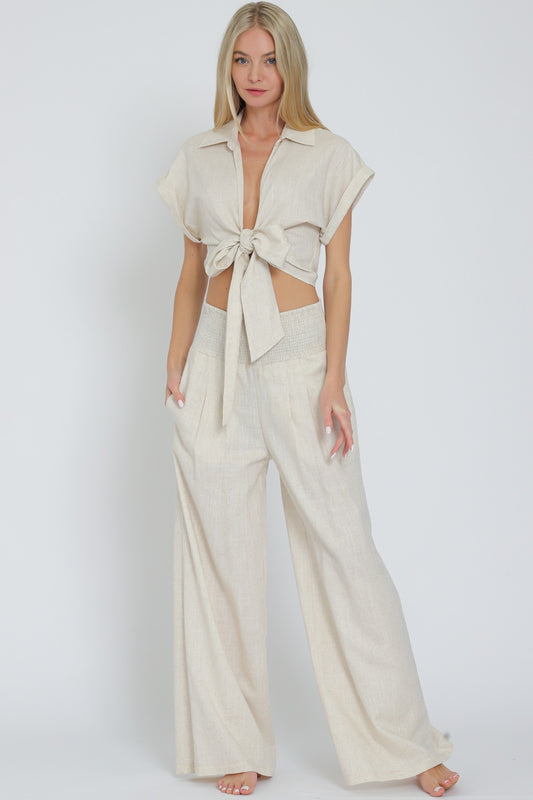 Tie Front Waisted Top&elastic Waistband Pants Set