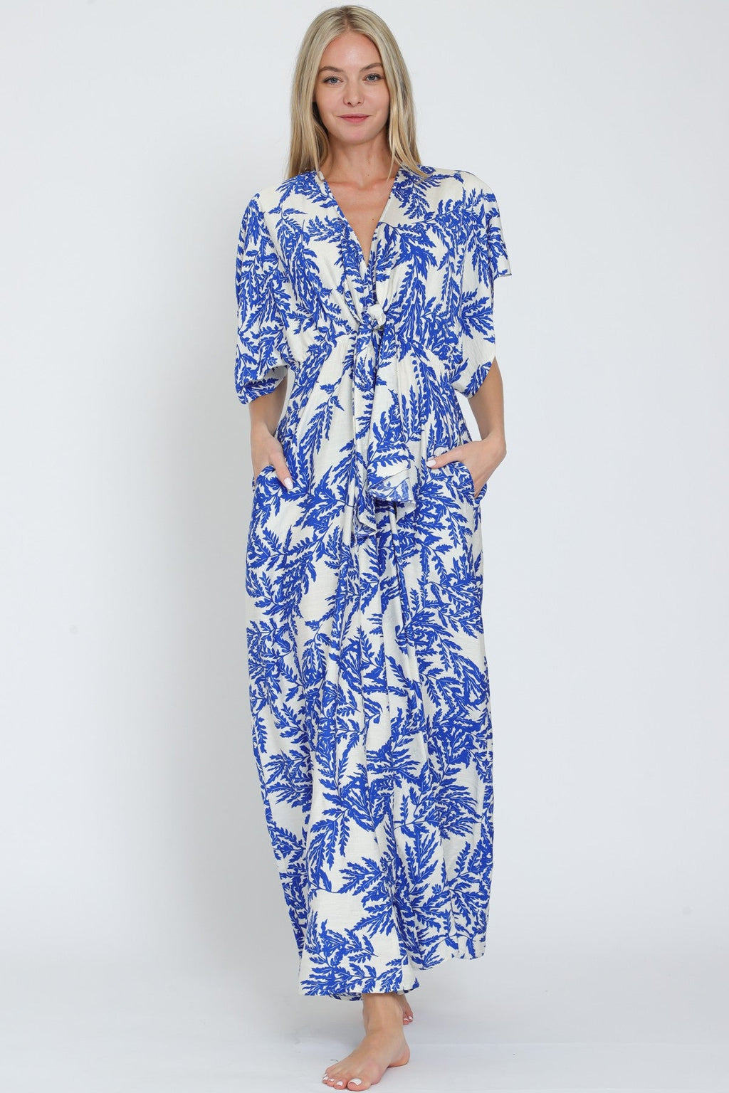 Blue Kimono-Sleeve Tie-Front Jumpsuit