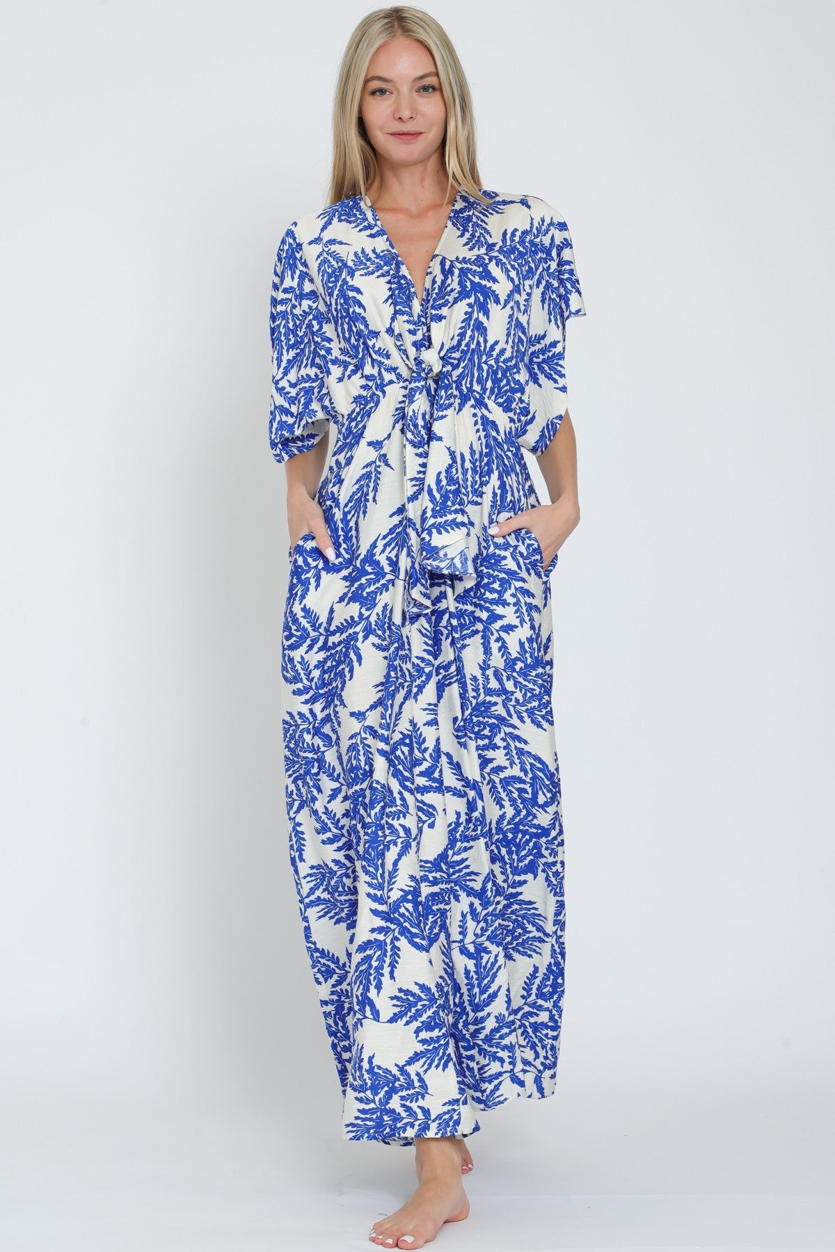 Blue Kimono-Sleeve Tie-Front Jumpsuit