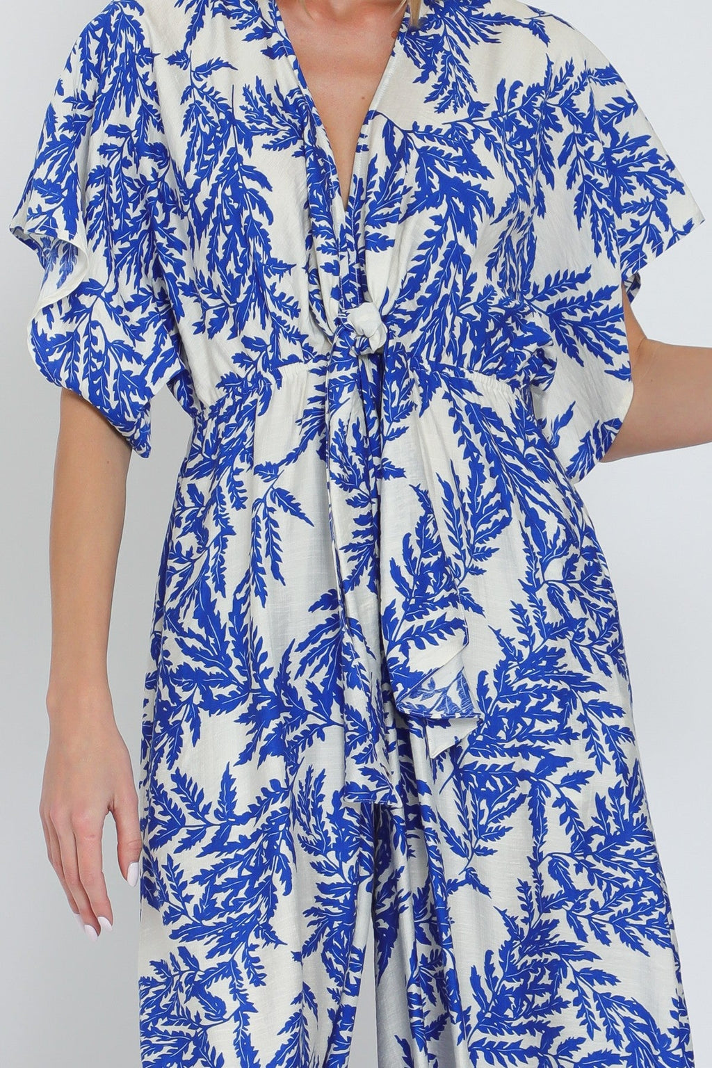 Blue Kimono-Sleeve Tie-Front Jumpsuit