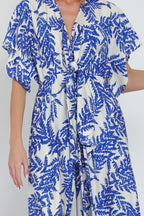 Blue Kimono-Sleeve Tie-Front Jumpsuit
