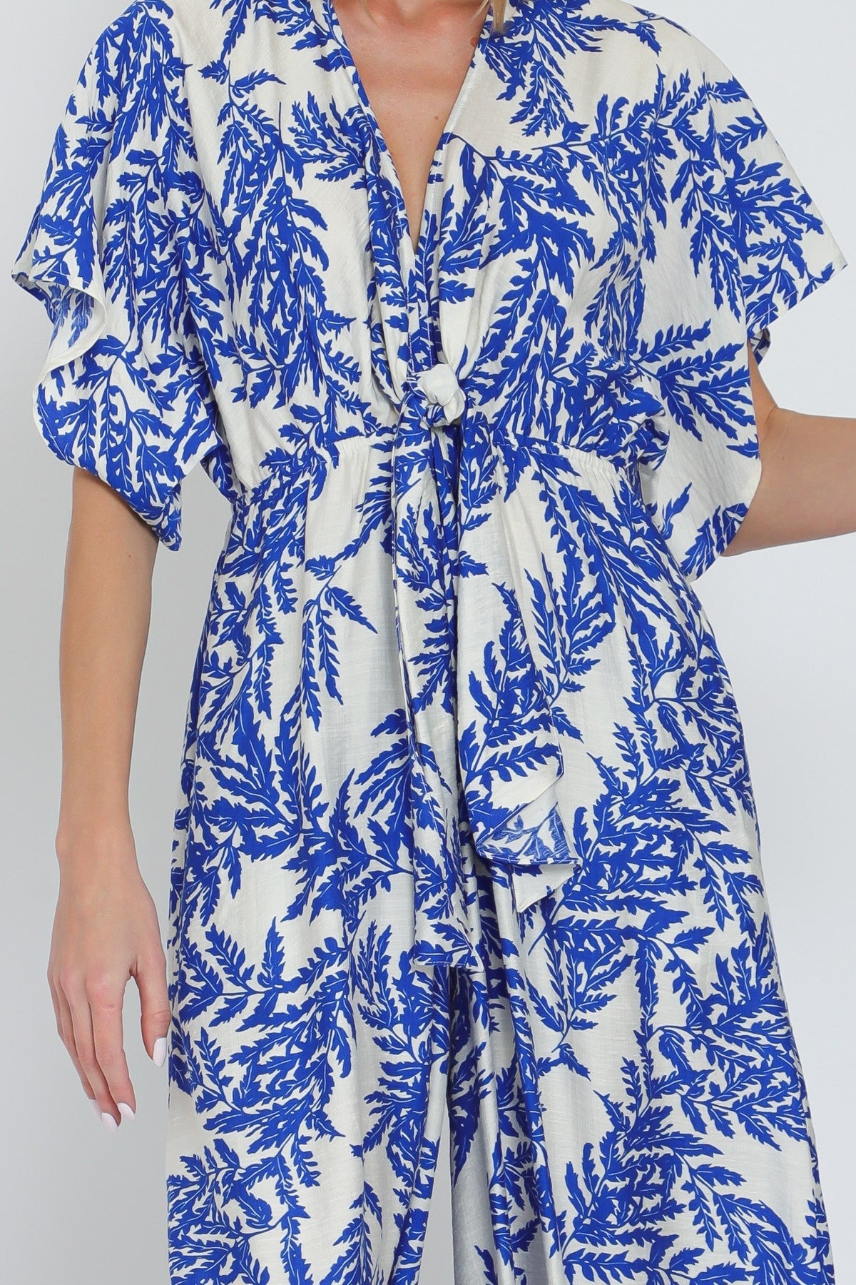 Blue Kimono-Sleeve Tie-Front Jumpsuit