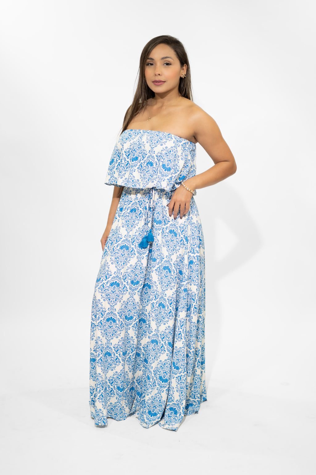 Turquoise Strapless Belted Maxi Dress