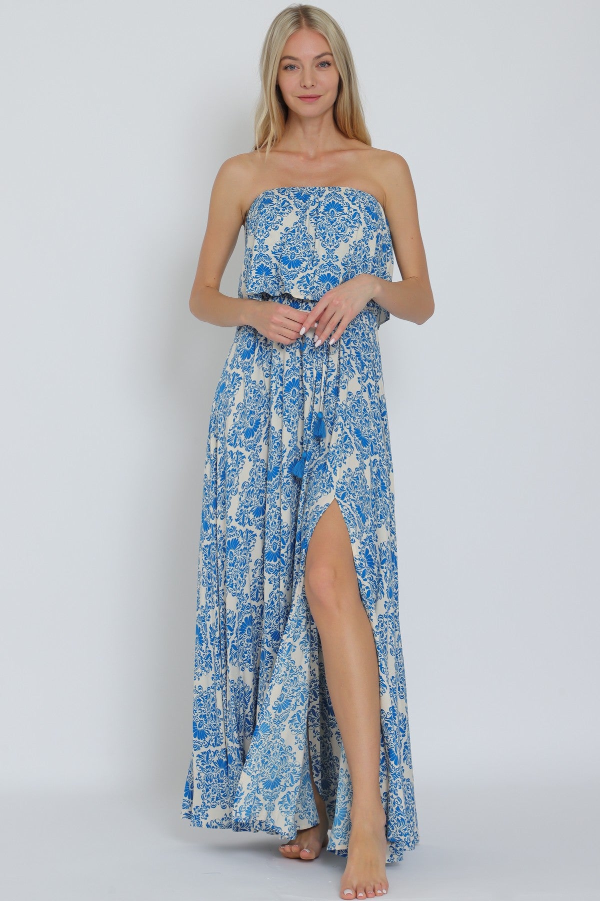 Tube Elastic Waisted Belted Maxi Dress