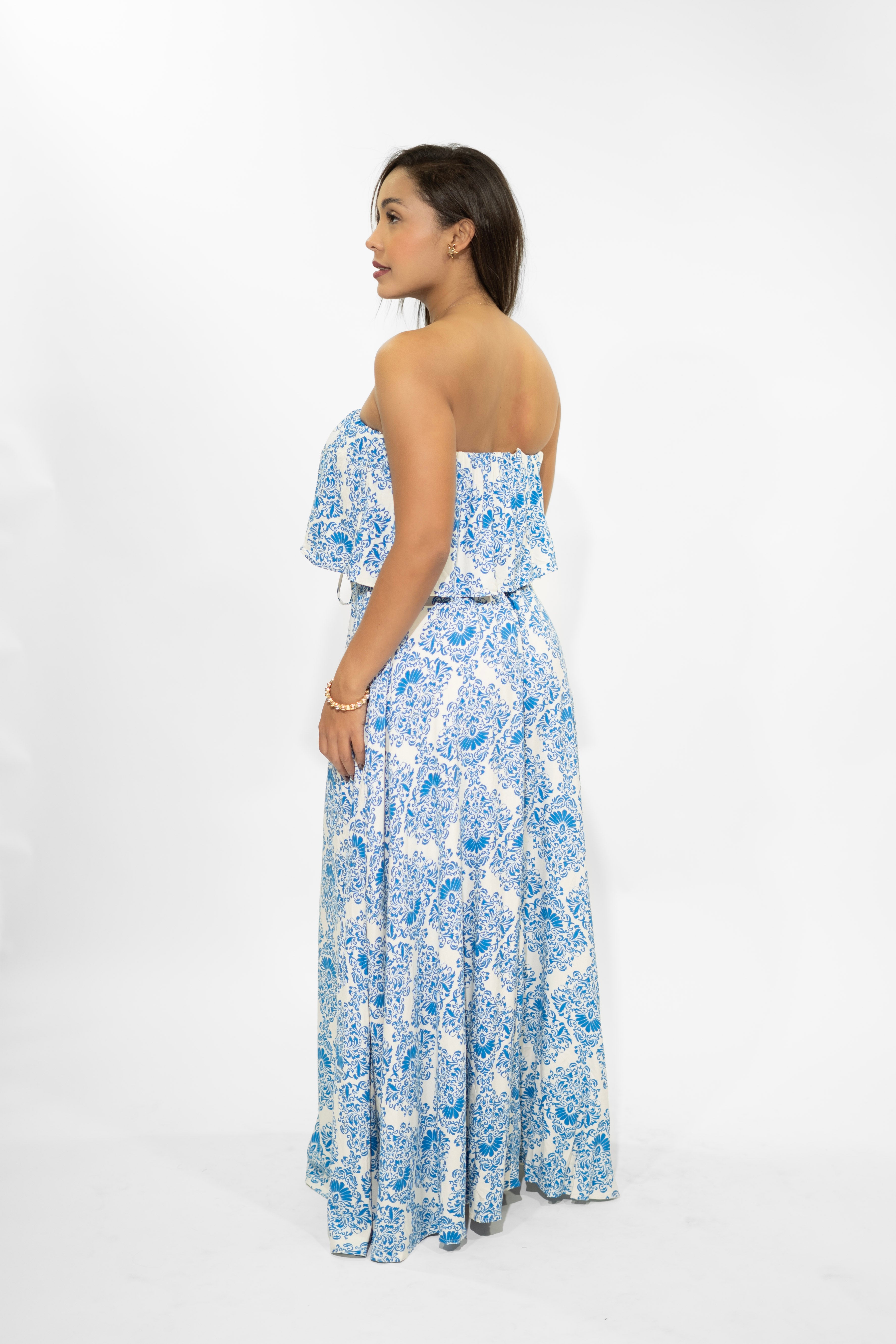 Turquoise Strapless Belted Maxi Dress