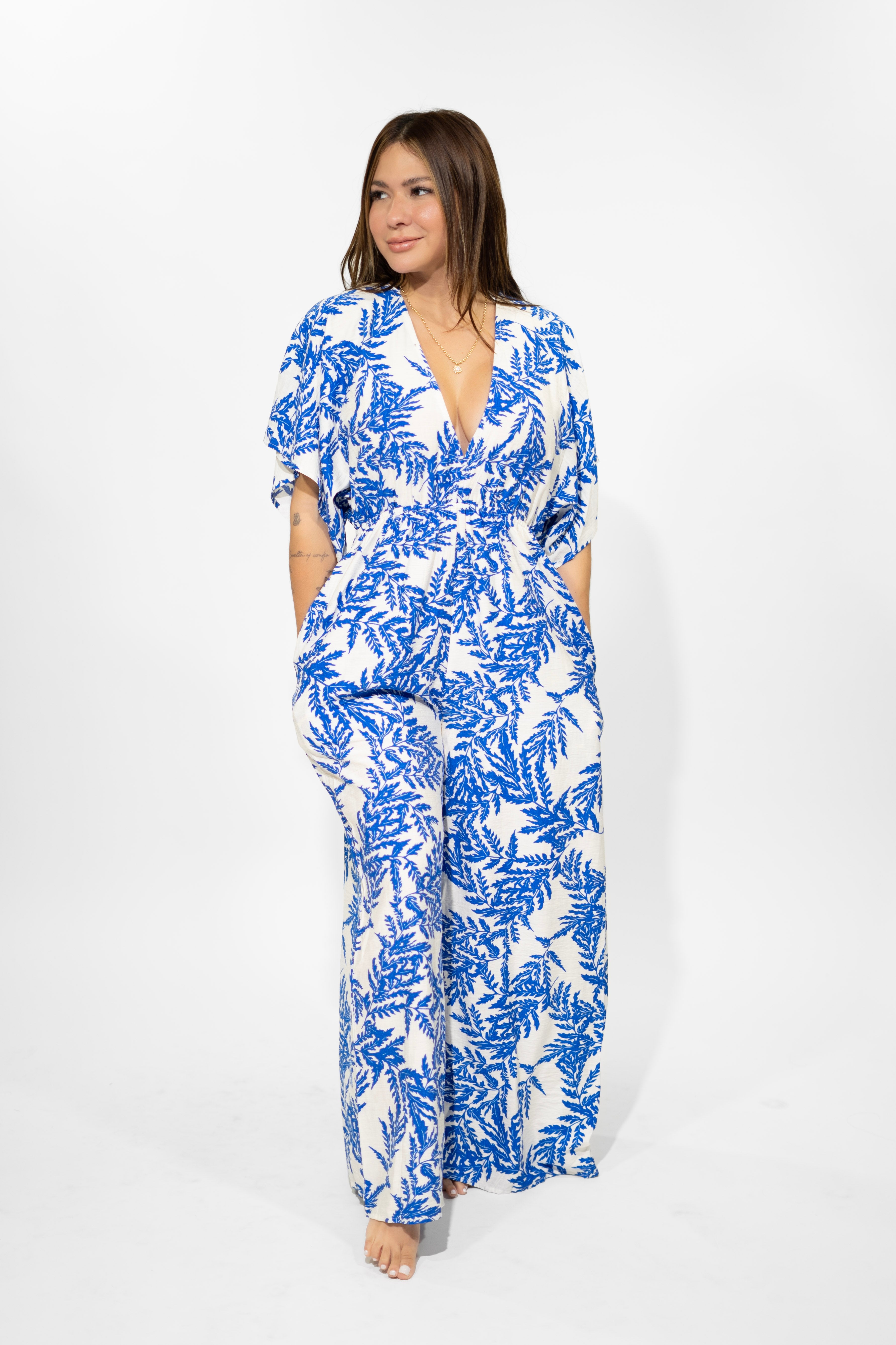 Blue Kimono-Sleeve Tie-Front Jumpsuit