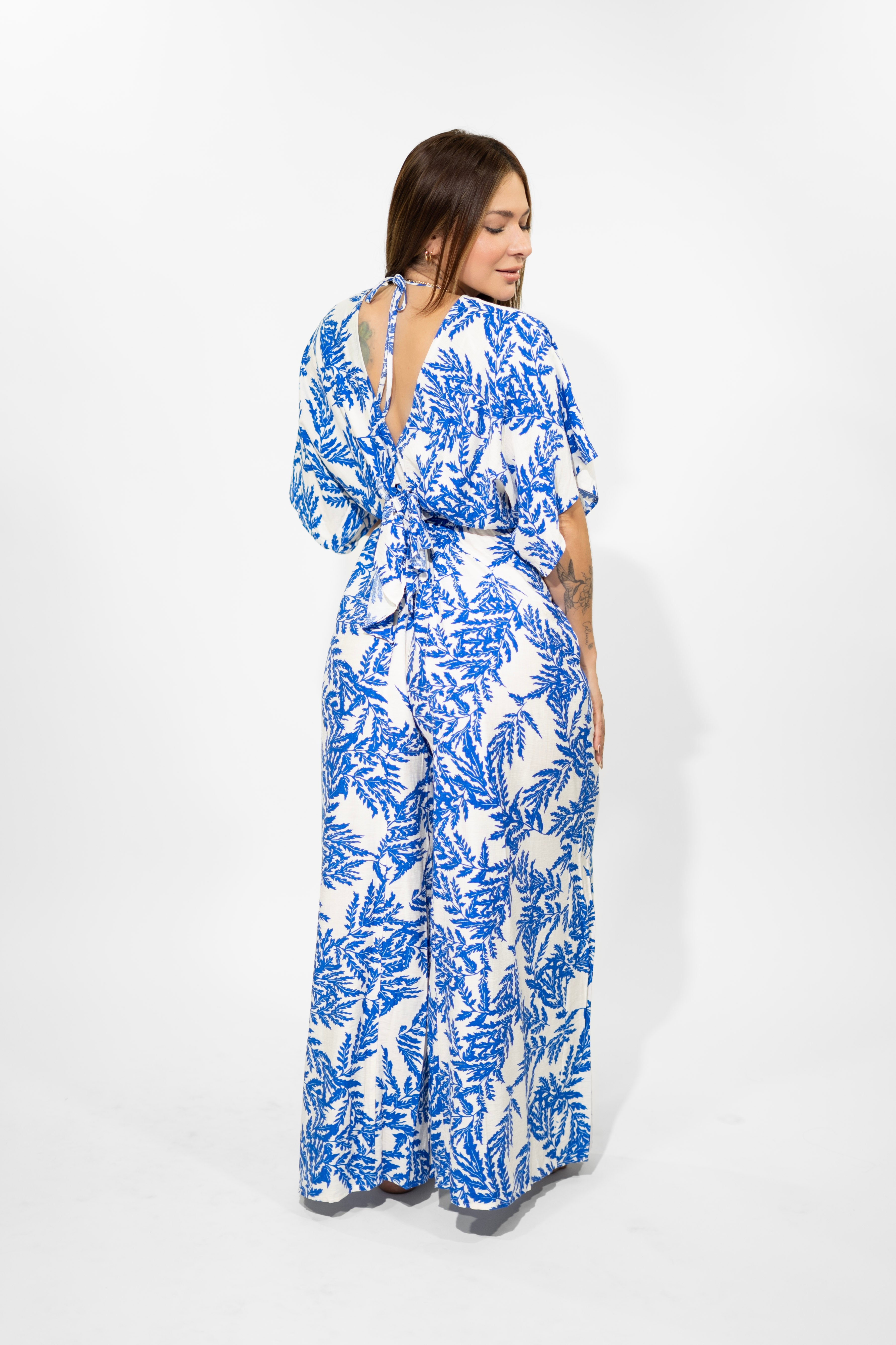 Blue Kimono-Sleeve Tie-Front Jumpsuit