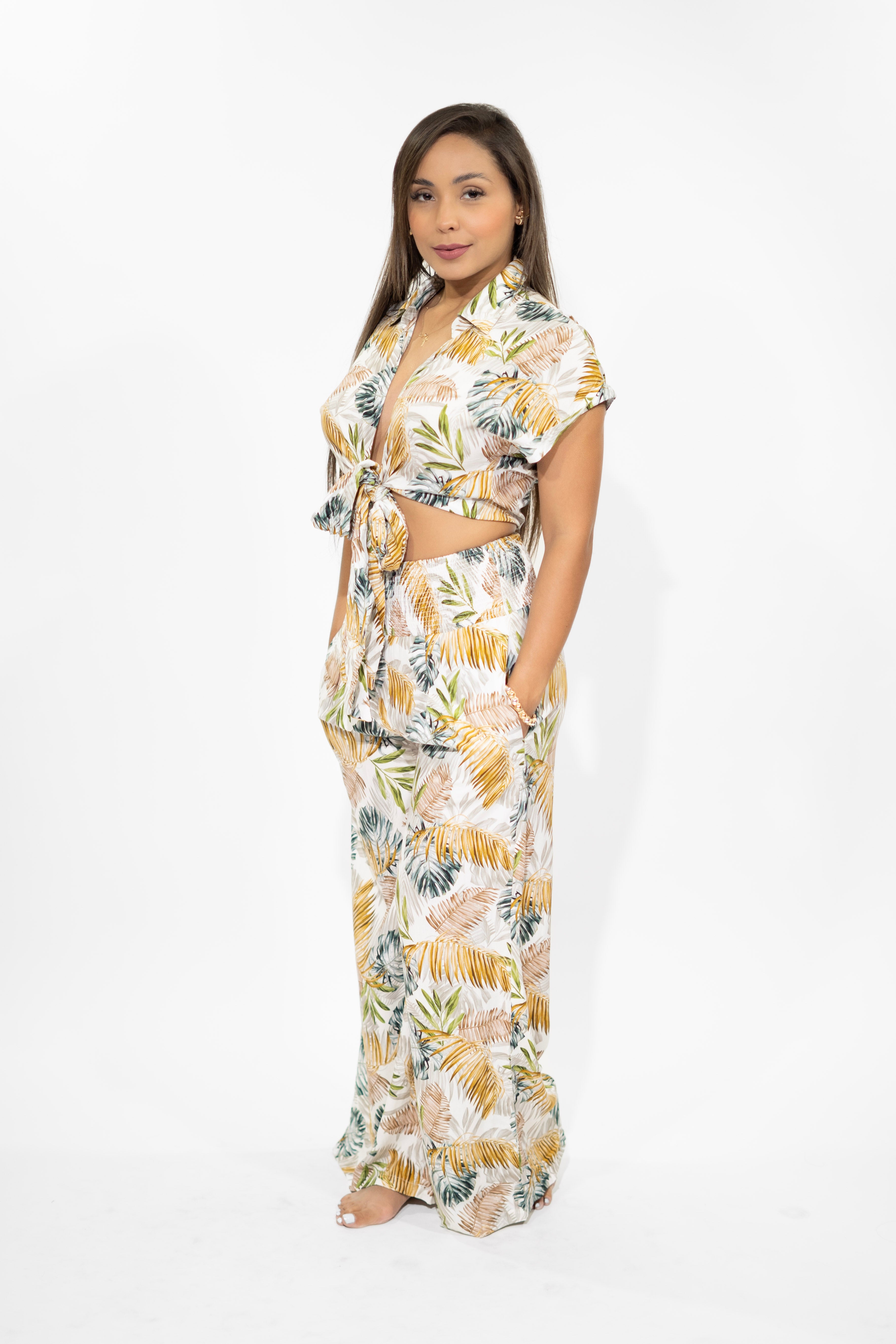 Olive Green Tie-Front Shirt & Pants Set