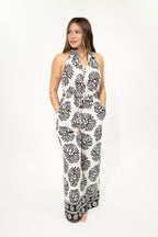 Ivory & Black Halter Tie-Front Jumpsuit