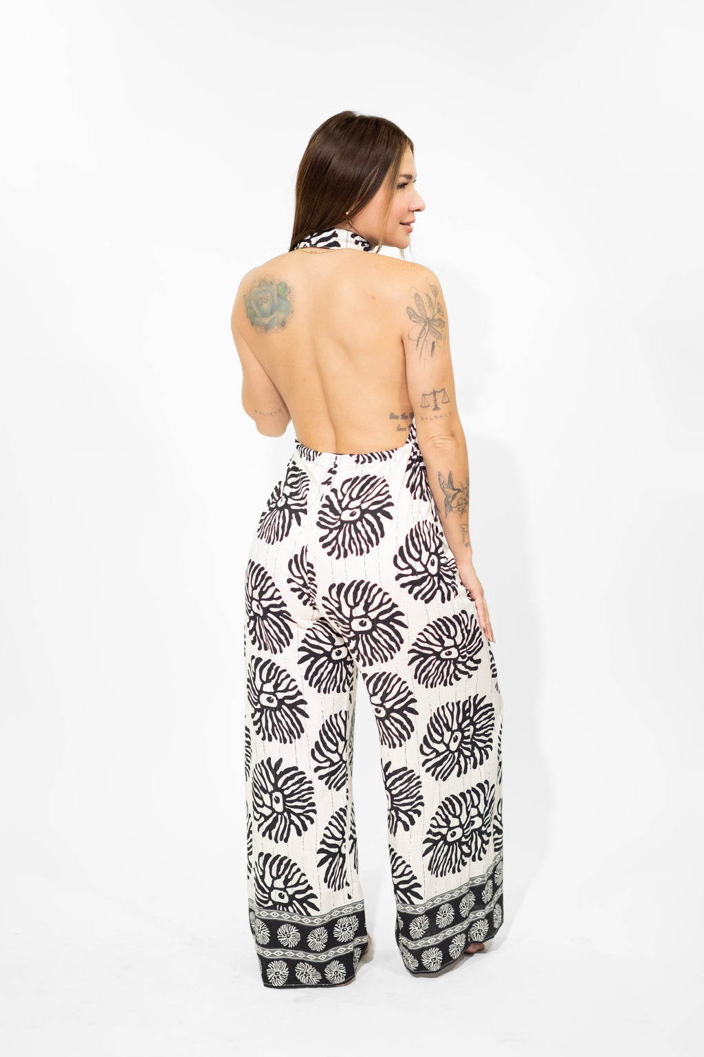 Ivory & Black Halter Tie-Front Jumpsuit