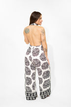 Ivory & Black Halter Tie-Front Jumpsuit
