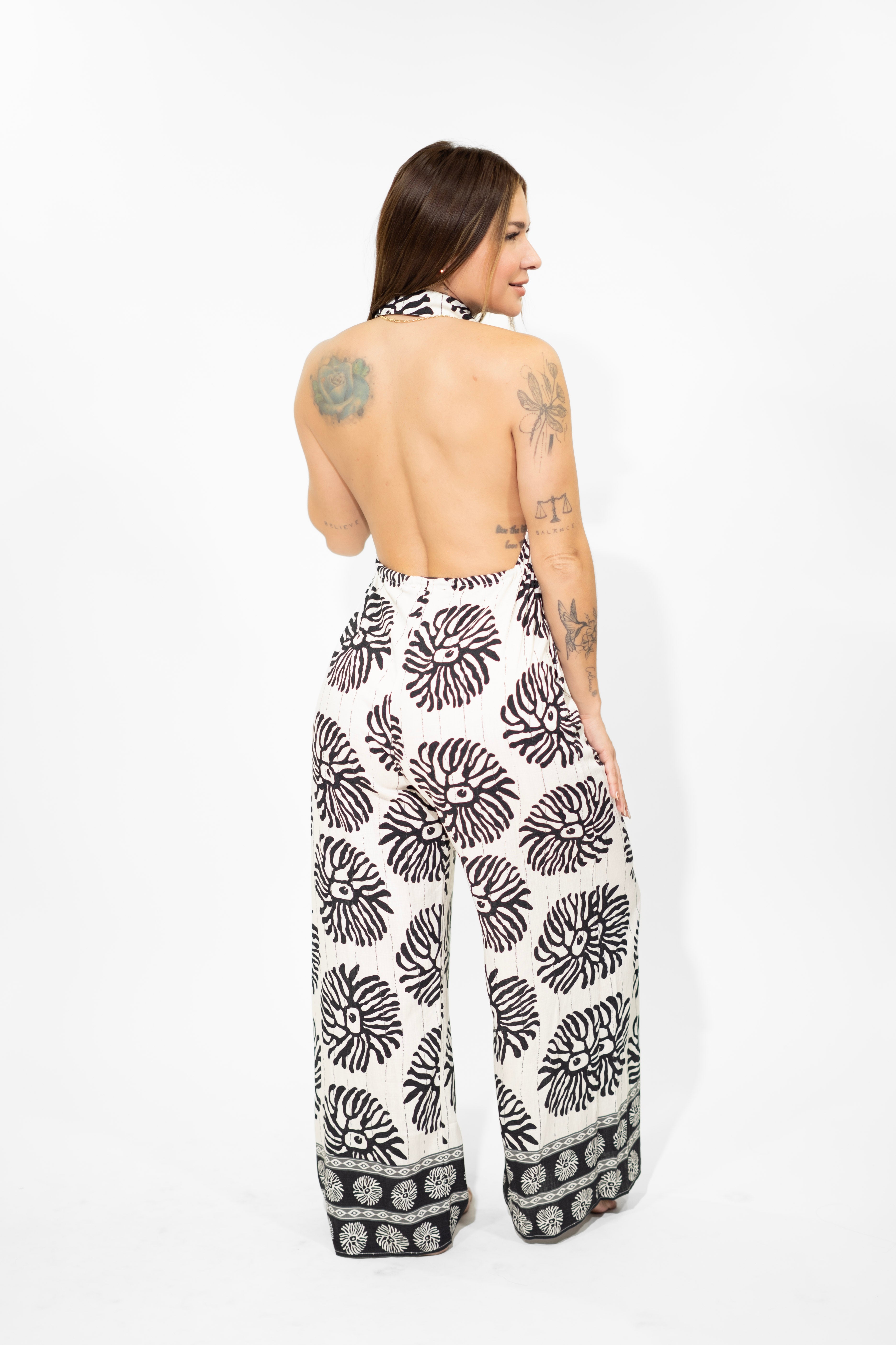 Ivory & Black Halter Tie-Front Jumpsuit