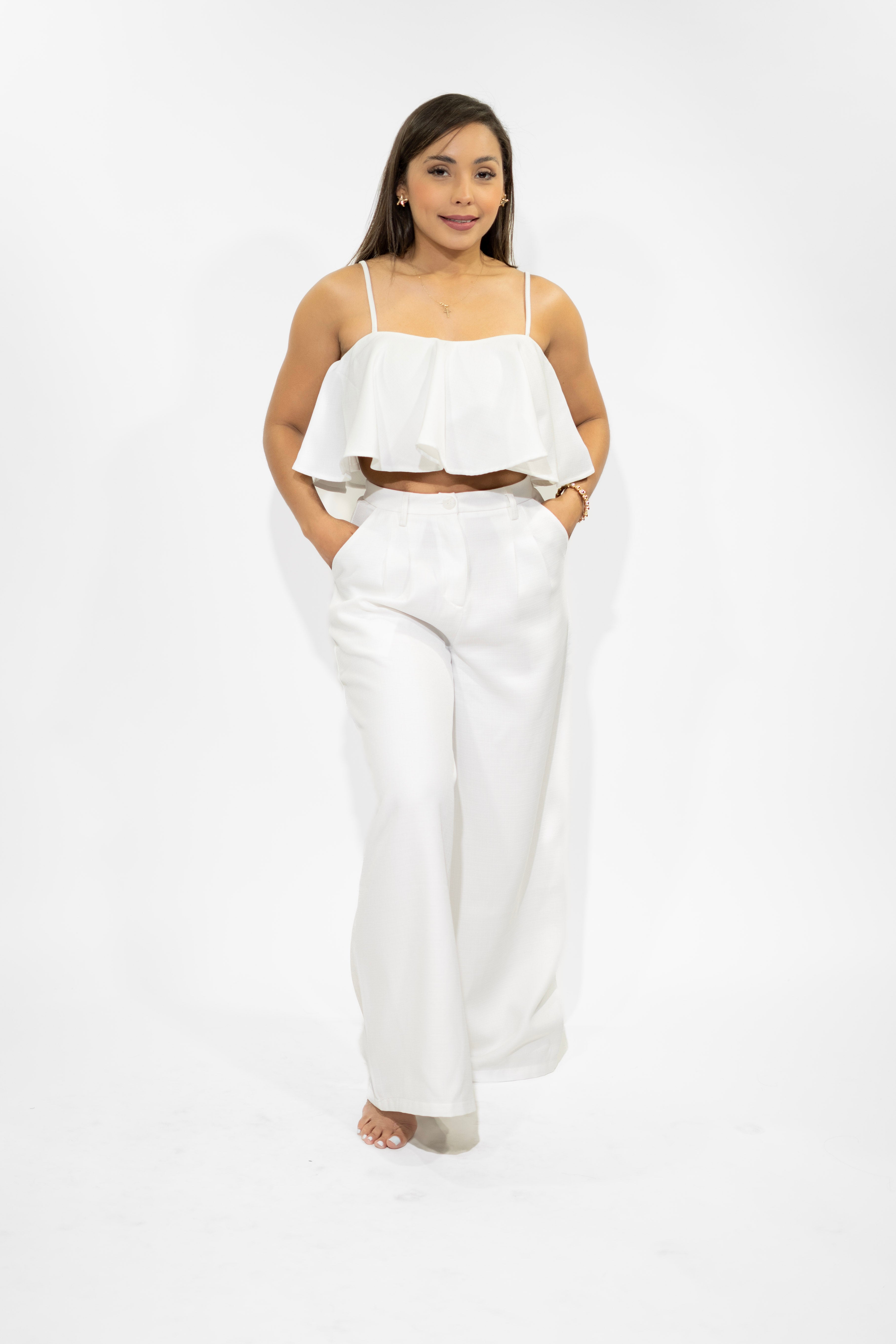 Off-White Ruffle Top & Long Pants Set