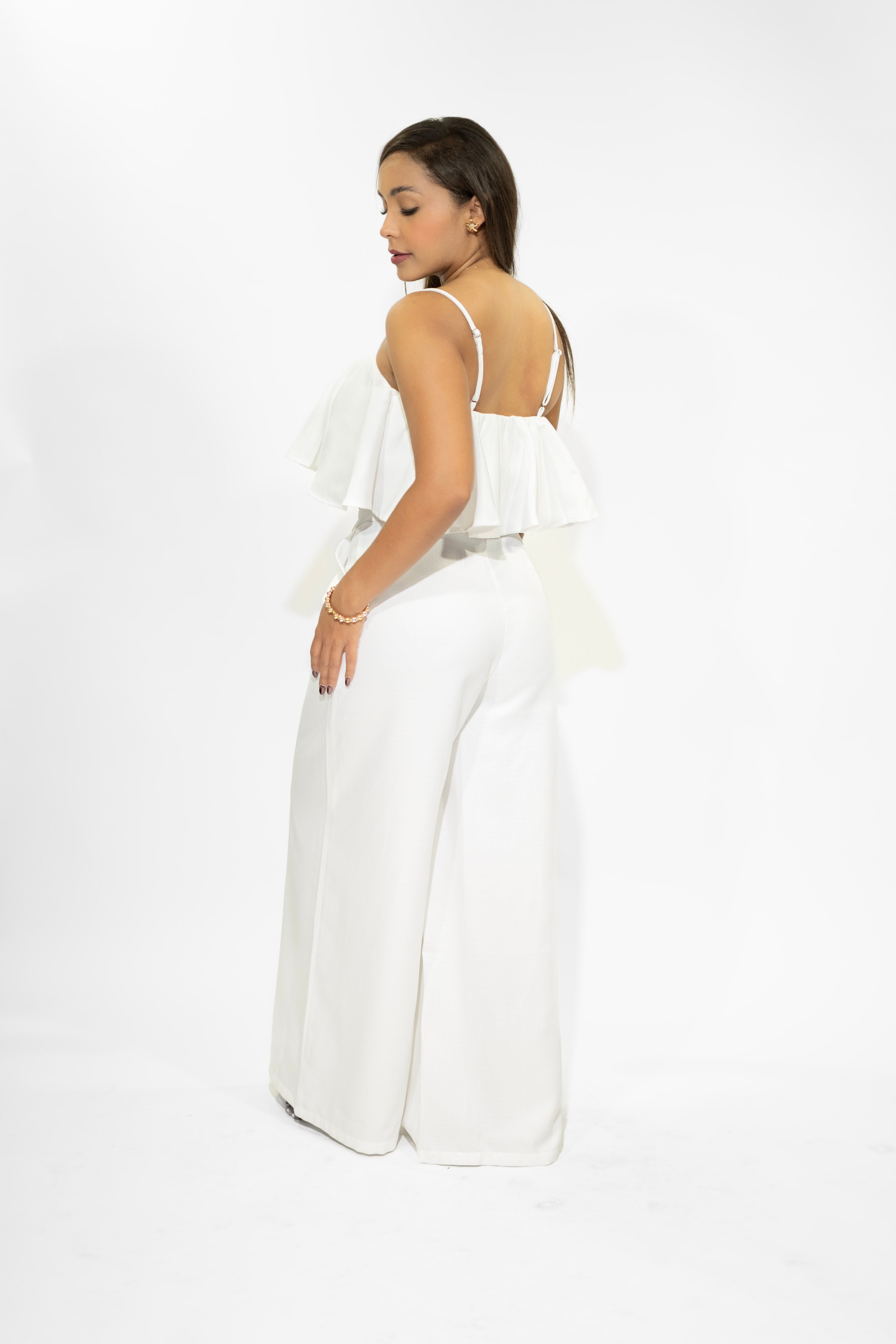 Off-White Ruffle Top & Long Pants Set