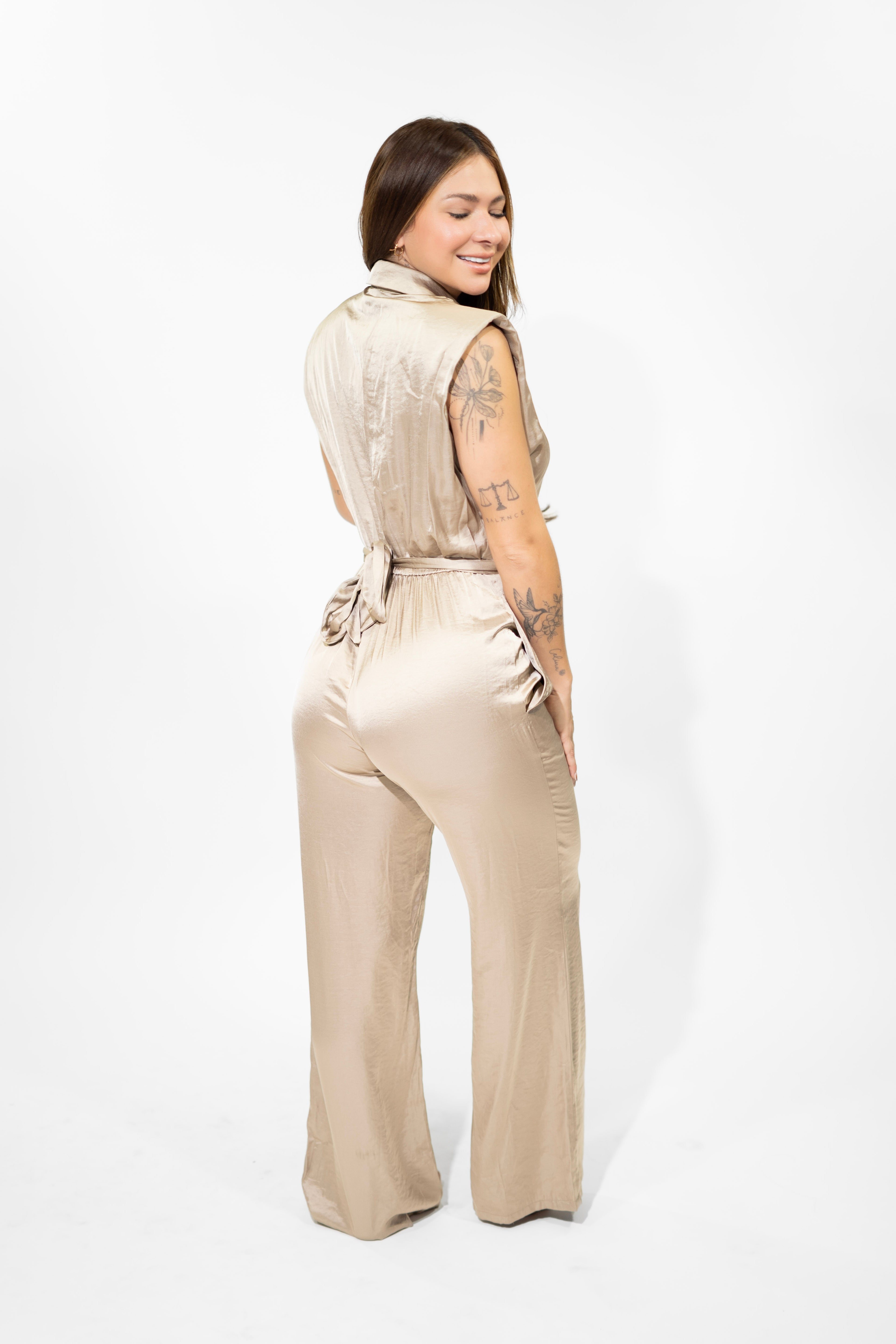 Golden Olive Shoulder Pad Button-Down Jumpsuit