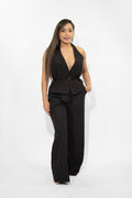 Black Halter Backless Crop Top and High-Waist Pant Set