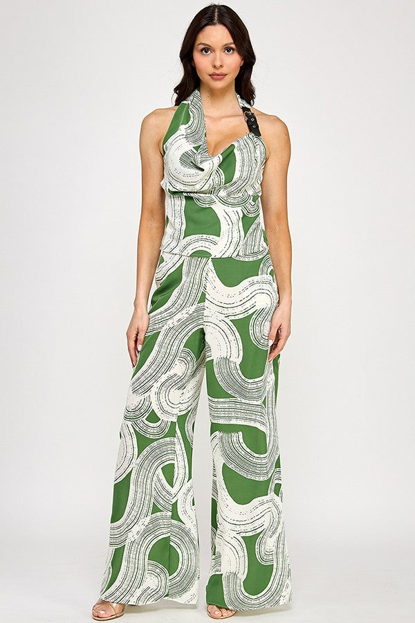 Green Printed Cowl Halter & Wide Leg Pant Set