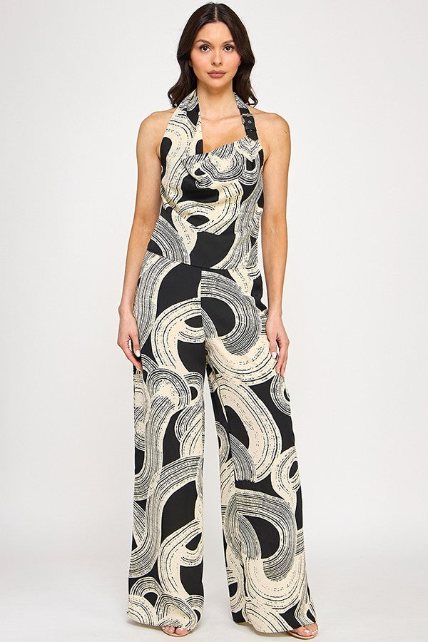 Black Printed Cowl Halter & Wide Leg Pant Set