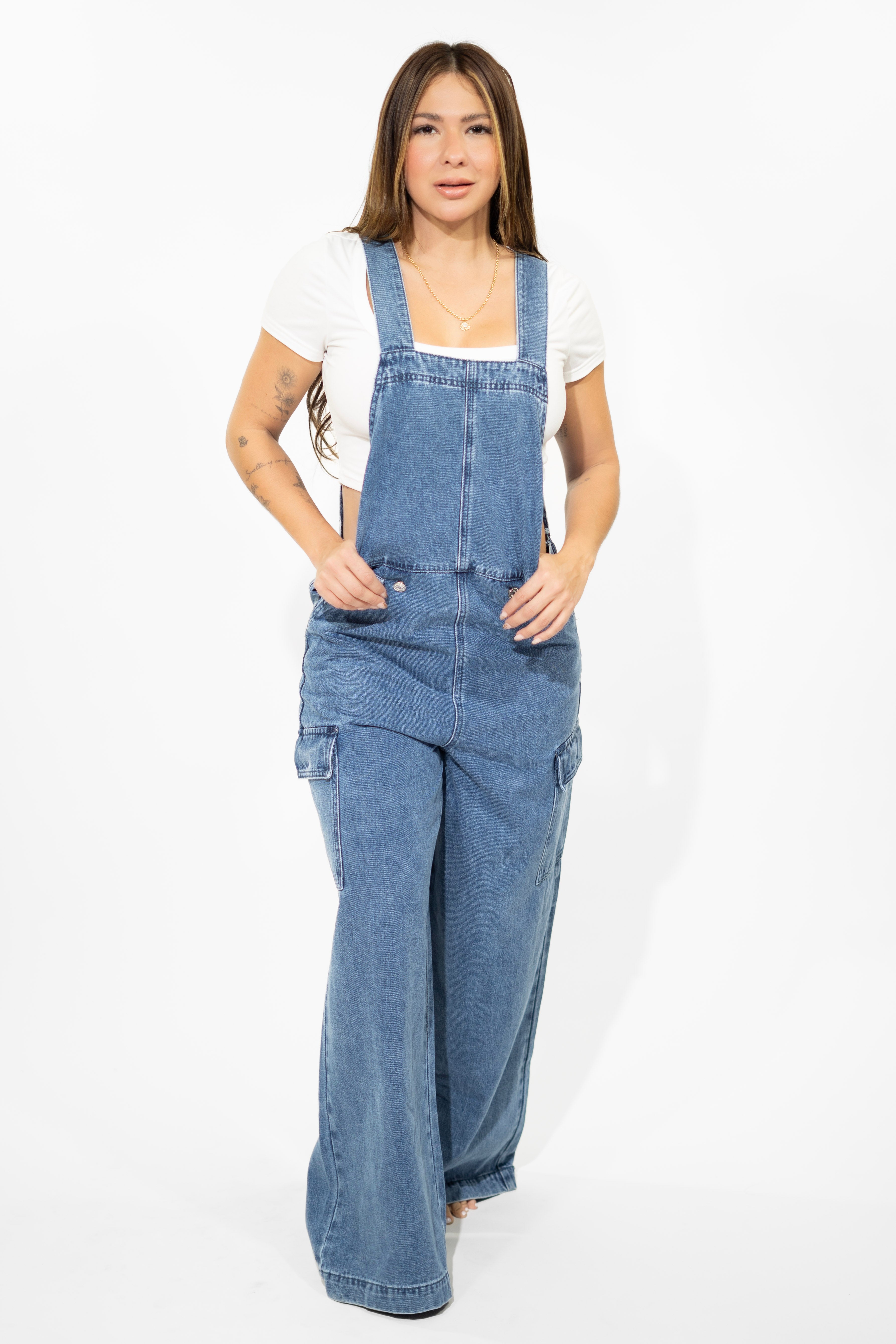 Washed Denim Overall with Cargo Pockets