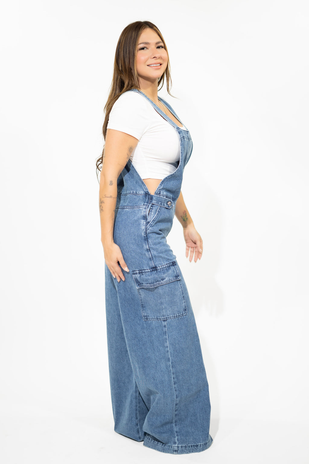 Washed Denim Overall with Cargo Pockets