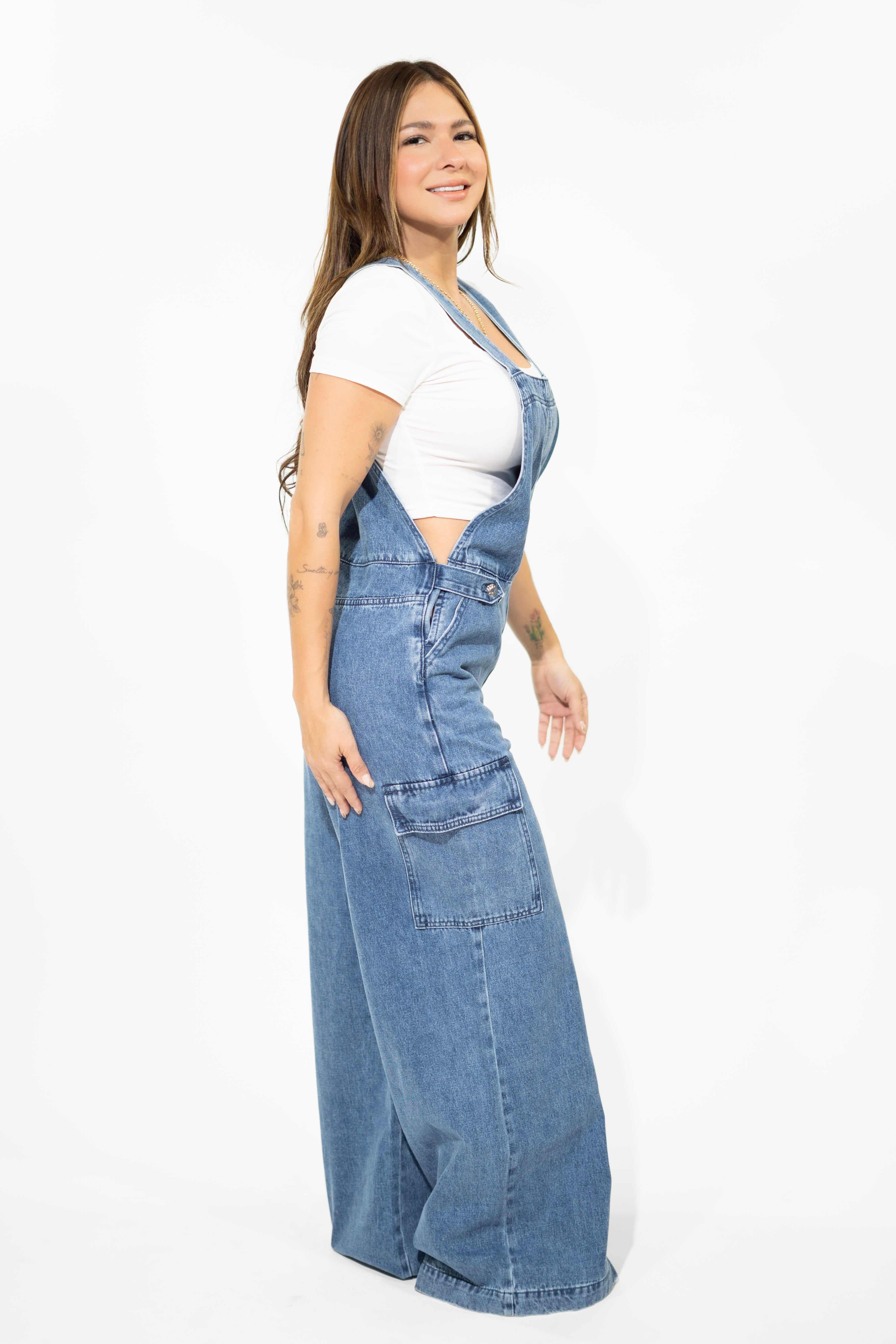 Washed Denim Overall with Cargo Pockets