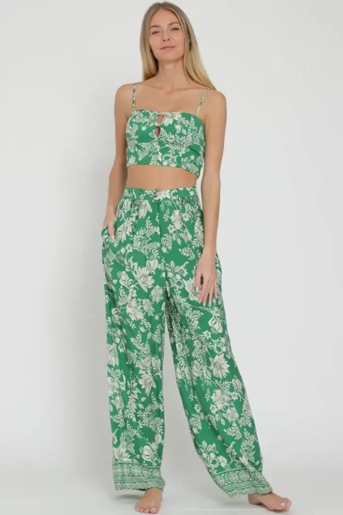 Green Beaded Detail Top & Long Pants Set