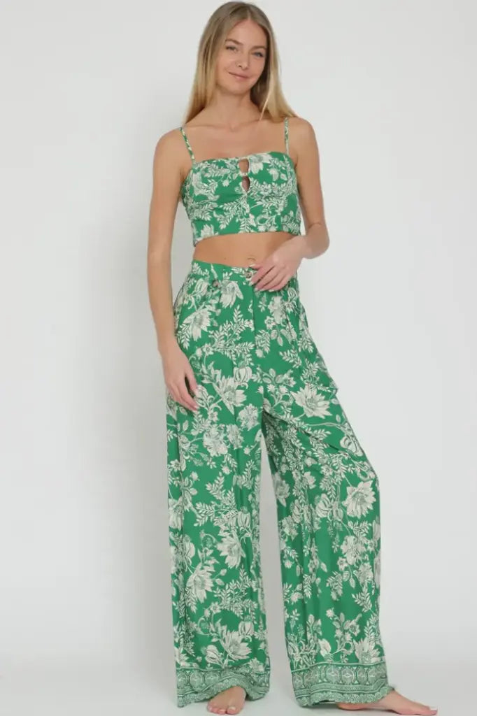 Green Beaded Detail Top & Long Pants Set
