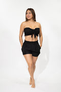 Smocked Tube Crop Top & Elastic Waist Shorts Black