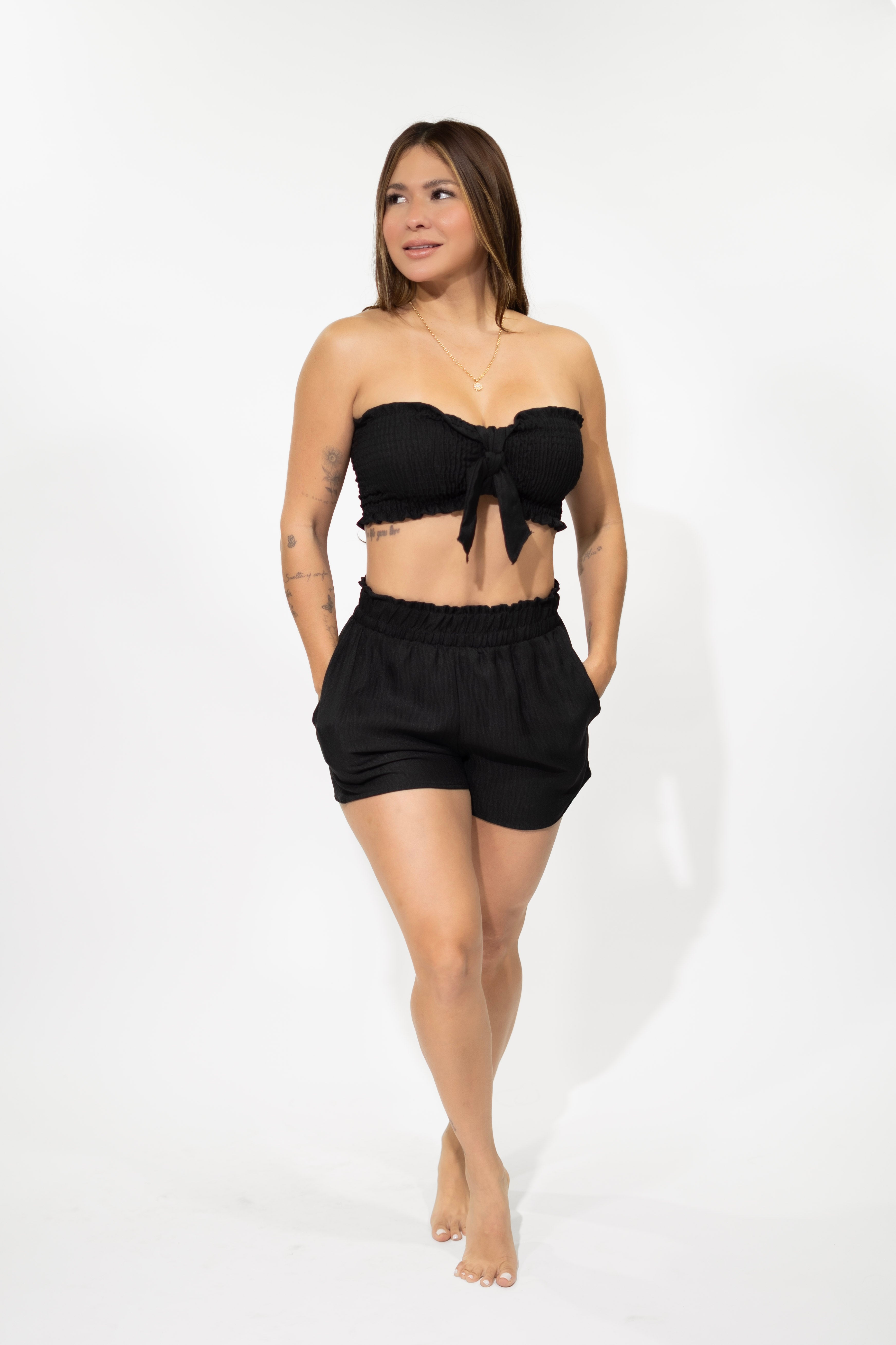 Smocked Tube Crop Top & Elastic Waist Shorts Black