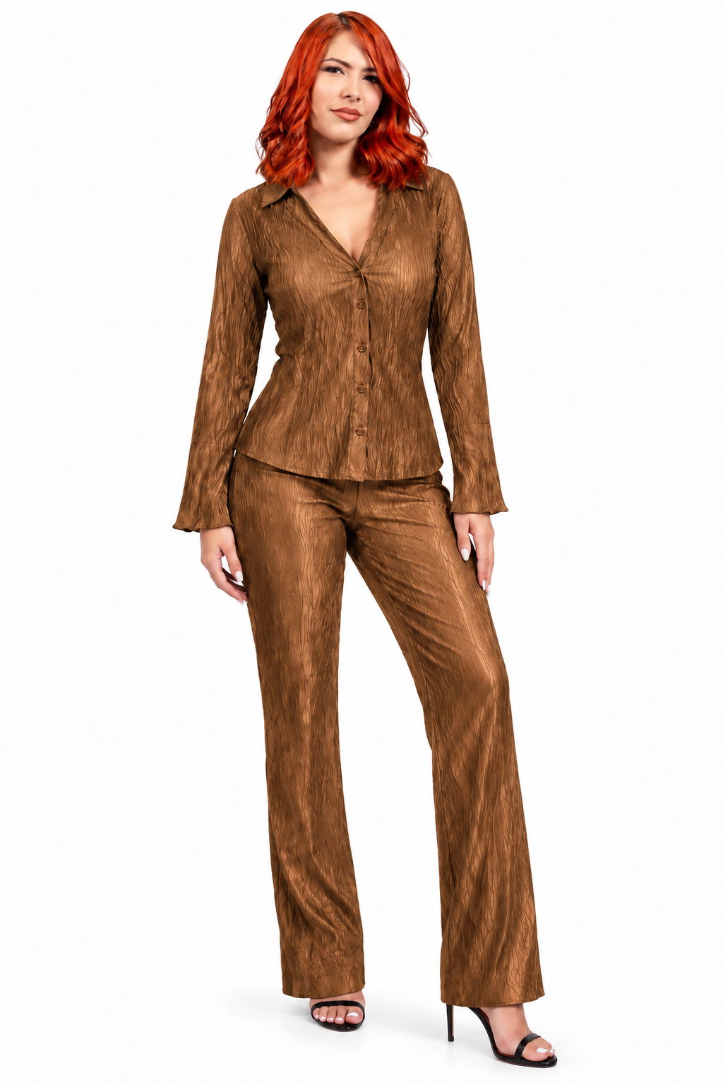Bronze V-Neck Shirt With Buttons