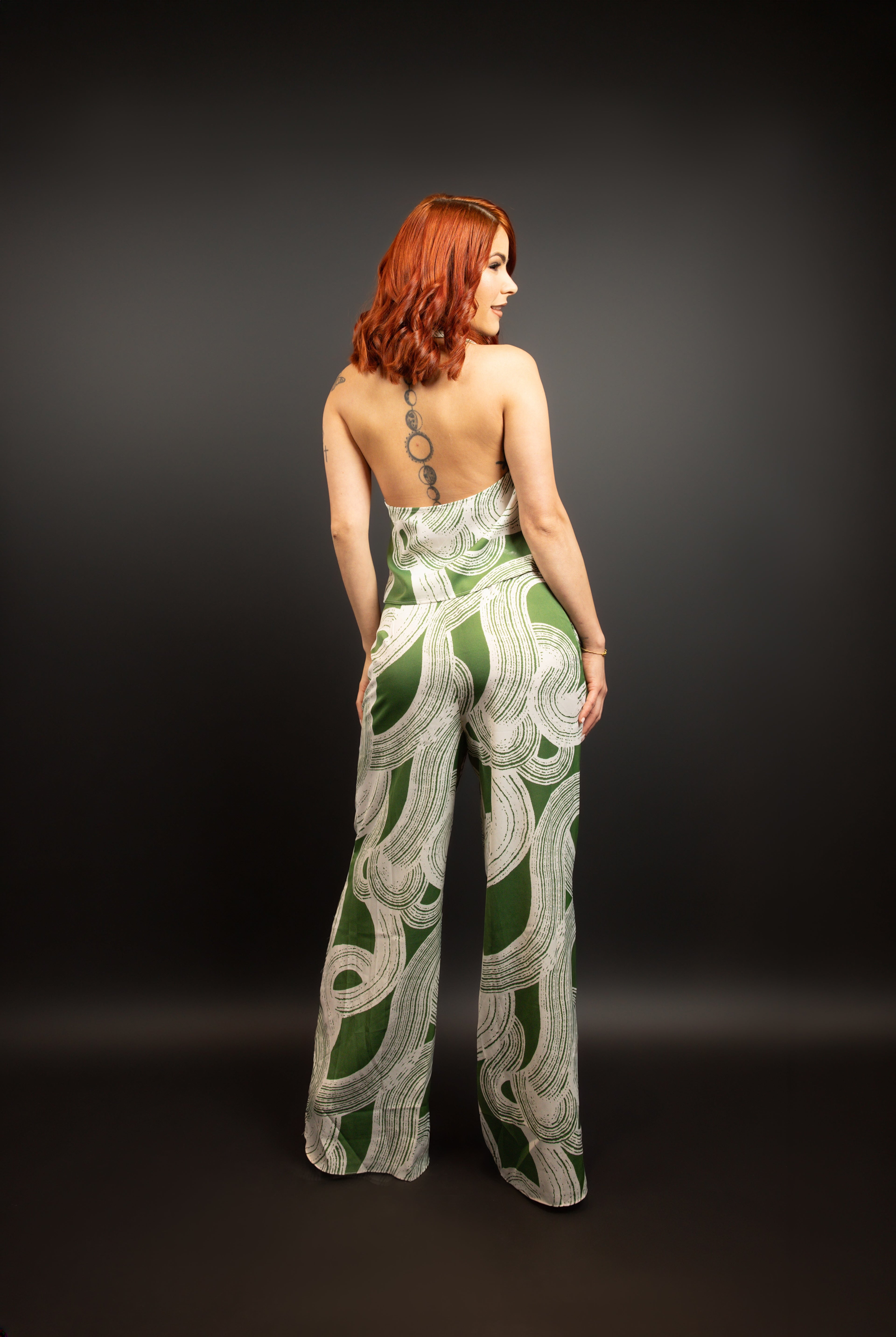 Green Printed Cowl Halter & Wide Leg Pant Set
