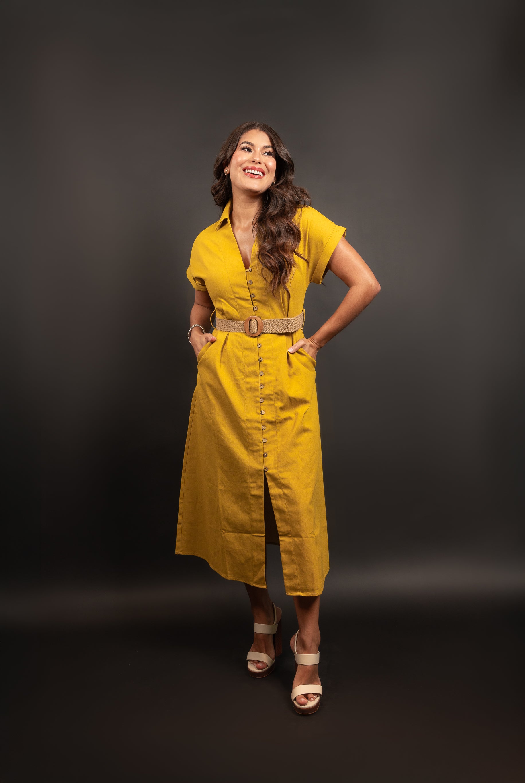 Mango Gold Belted Mini Shirt Dress