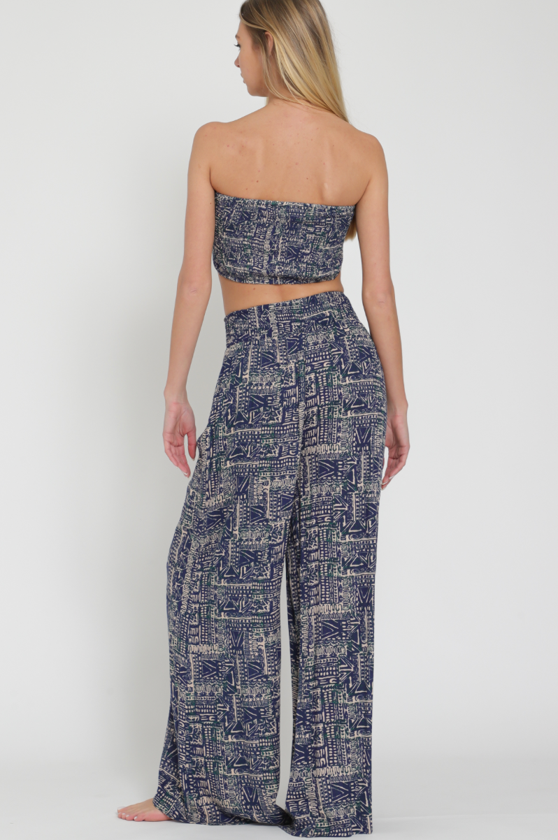 Navy Tie-Front Crop Top & Long Pants Set