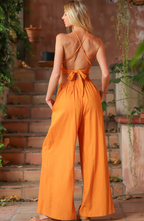 Orange Linen High Waisted Long Pants.