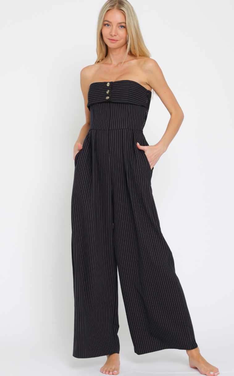 Black Smocked Stripe Jumpsuit
