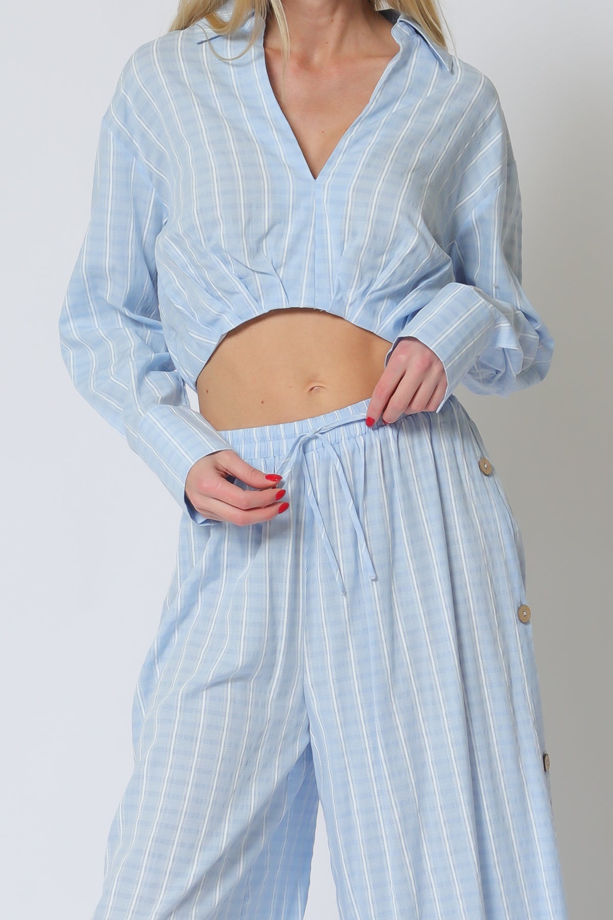 Light Blue Long Sleeve Crop Shirt & High-Waist Pants Set
