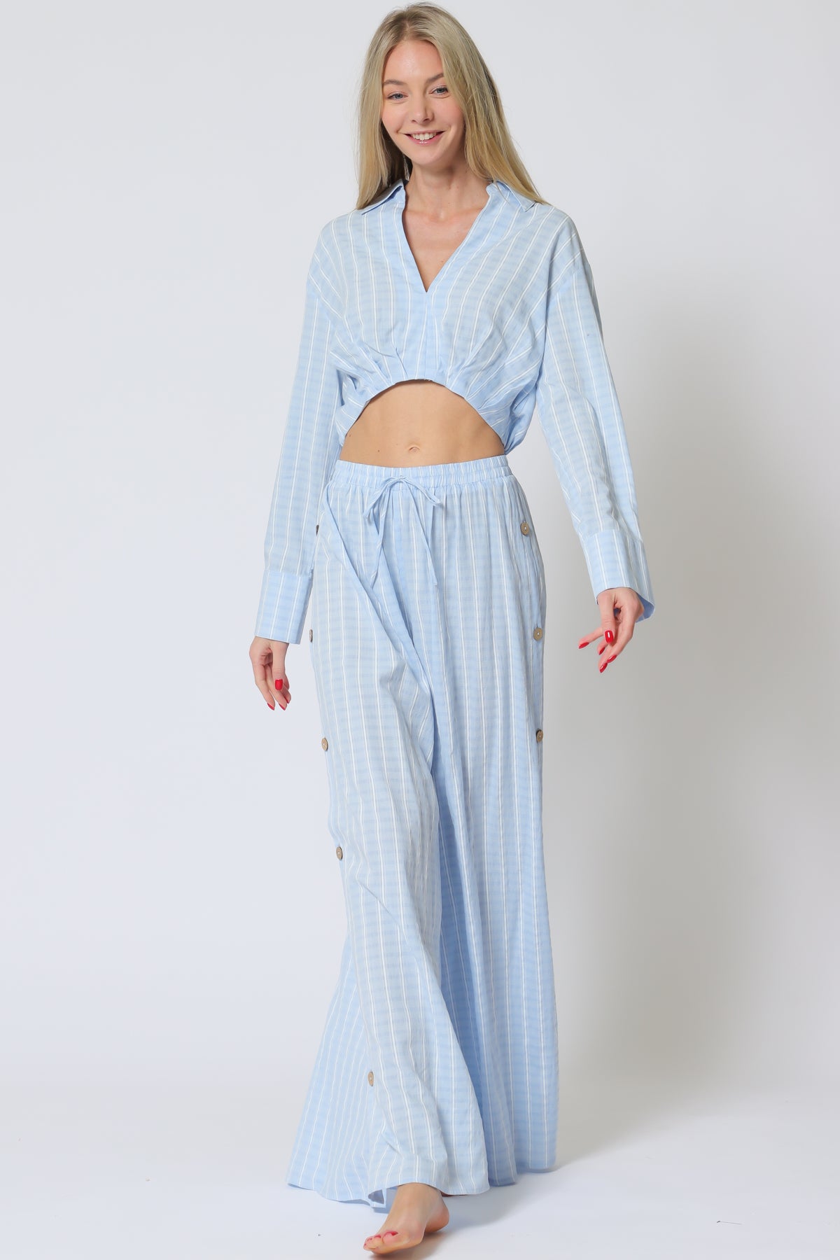 Light Blue Long Sleeve Crop Shirt & High-Waist Pants Set